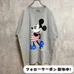 古着 used　Disney ディズニー　Mickey ミッキー　半袖プリントＴシャツ　グレー　星条旗　クルーネック　キャラクター