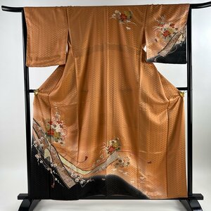 訪問着 身丈159cm 裄丈67cm M 袷 花籠 熨斗 金彩 染め分け 赤茶 正絹 秀品 【中古】