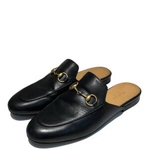 GUCCI (グッチ) プリンスタウン レザー スリッパ ミュール サンダル シューズ ホースビット 423513 36 ゴールド金具 ブラック ブランド/036