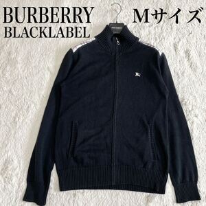 美品 バーバリーブラックレーベル ドライバーズニット ブルゾン ノバチェック BURBERRY BLACK LABEL 刺繍 ワンポイント ロゴ Mサイズ