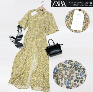 未使用品 /M/ ZARA 花柄ベージュ系 ロングシャツワンピース リバティ レディース タグ カジュアル フェミニン 大人可愛いデイリー春夏 ザラ