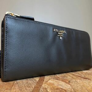 1円 PRADA 美品 プラダ ラウンドファスナー 長財布 男女 サフィアーノレザー ■レザー　小銭入れ 有り　ブラック　黒　バイカラー