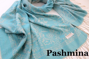 新品【Pashmina パシュミナ】ボタニカル 華 ペイズリー柄 大判 ストール エメラルドグリーン系 ベージュ Cashmere カシミア100%