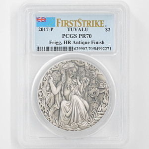 2017 ツバル プルーフ ハイリレーフ 2 オンス 北欧の女神 フリッグ 銀貨 PCGS PR 70 FS Antique Finish アンティーク仕上げ 最高鑑定