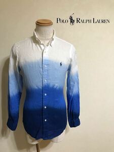 Polo Ralph Lauren ポロ ラルフローレン 麻 グラデーション ボタンダウン シャツ トップス サイズXS 長袖 165/88A 白 水色 青