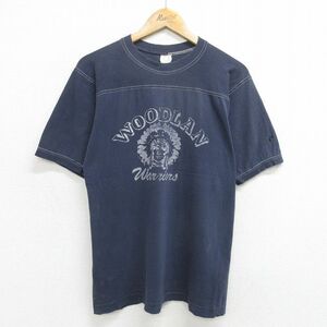 M/古着 半袖 ビンテージ フットボール Tシャツ メンズ 80s ウッドラン インディアンヘッド クルーネック 濃紺 ネイビー 24may22 中古