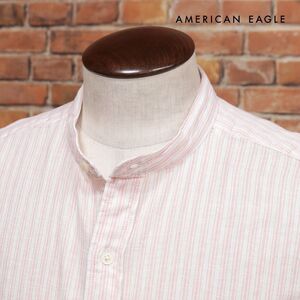 AMERICAN EAGLE/Sサイズ/バンド襟シャツ 1152-2323 さっぱり麻混 ストライプ 胸ポケット ラフ 長袖 新品/白×ピンク/jb111/