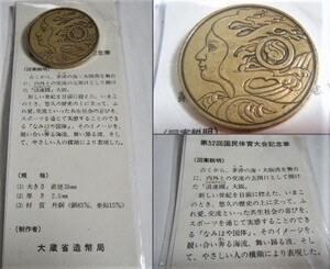 第52回 国民体育大会記念章　1997年 なみはや国体 開催記念バッジ　金系　大きさ：直径35ミリ　材質：丹銅　制作：大蔵省造幣局