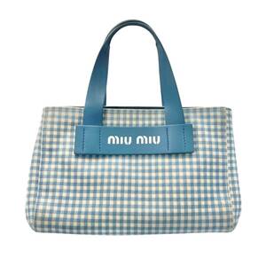 【真贋判定済】 MIU MIU ミュウミュウ ギンガムチェックカナパハンドバッグ 水色×白 ハンドバッグ レディース B1011E2MS4