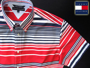 ★美品 トミーヒルフィガー TOMMY HILFIGER ボタンダウンシャツ 半袖 Lサイズ 希少品 マルチストライプ ネイビー×レッド×ホワイト