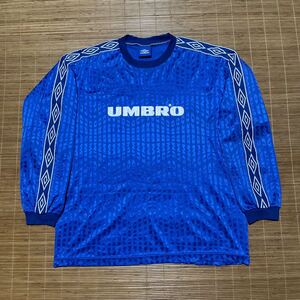 90s UMBRO アンブロ ロゴテープ 透かしロゴ 長袖 ゲームシャツ ユニフォーム ブルー Ｌ ビンテージ オールド 