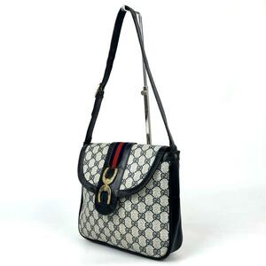 1円〜■美品■GUCCI グッチ シェリーライン ショルダーバッグ GGスプリーム ゴールド金具 ホースビット ジャガード PVC レザー ネイビー系