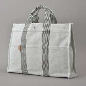 極美品 HERMES エルメス ニューフールトゥMM トートバッグ ハンドバッグ グレー キャンバス クリーニング済 A4 軽量 鞄 Ma.c/a.f