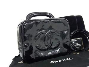 1円 CHANEL シャネル ココマーク パテントレザー 2WAY ハンドバッグ バニティバッグ ショルダー 化粧ポーチ ブラック系 FG1135