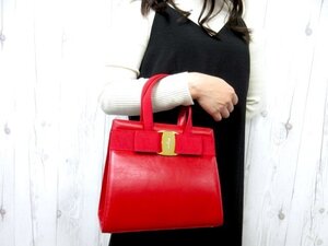 極美品 Ferragamo フェラガモ ヴァラリボン ハンドバッグ バッグ レザー×ナイロンキャンバス 赤 79401Y