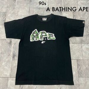 90s A BATHING APE BAPE STAR アベイジングエイプ 初期 Tシャツ T-shirt プリントTEE カモフラ 裏原 ストリート ブラック サイズL 玉SS2281