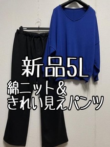 新品☆5L♪黒きれい見え楽パンツ＆綿ニット♪きれいめカジュアル♪☆u589