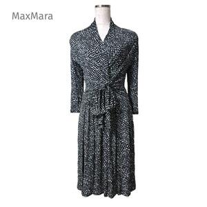 美品 MaxMara STUDIO マックスマーラステュディオ カシュクールワンピース ウエストリボン S ブラック レディース 総柄