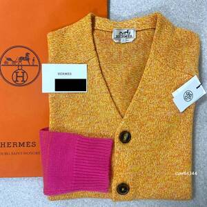 国内正規品 L 新品未使用 22SS Hermes エルメス カシミヤ100% ニット カーディガン オレンジ×ピンク ブランドタグ・ショップカード