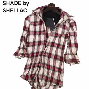 【新品 未使用】 SHADE by SHELLAC シェラック 春夏 シワ加工★ ワイヤー入り 7分袖 スリム チェック シャツ Sz.48　メンズ　I4T01102_4#A