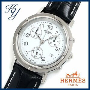 1円～ 3ヶ月保証付き 磨き済み 美品 本物 定番 人気 HERMES エルメス クリッパー クロノグラフ 革ベルト ホワイト メンズ 時計