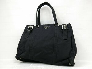 ◆美品◆PRADA プラダ◆ナイロン カーフ レザー 本革◆トート バッグ◆ブラック SV金具◆イタリア製◆肩掛け◆三角ロゴプレート◆A8496