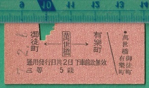 戦前鉄道硬券切符173■萬世橋→御徒町/有楽町 5銭 7-2.6