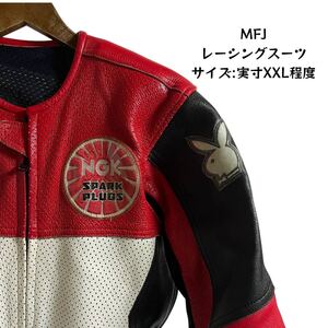 【MFJ公認スーツ】 レーシングスーツ 革ツナギ ジャンプスーツ ツナギ モータースポーツ レッド/ホワイト/ブラック 実寸XXL程度