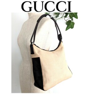 良品 GUCCI グッチ ヴィンテージ レザー キャンバス ショルダーバッグ トート ハンドバッグ 鞄 ベージュ ブラウン 茶色 レディース メンズ