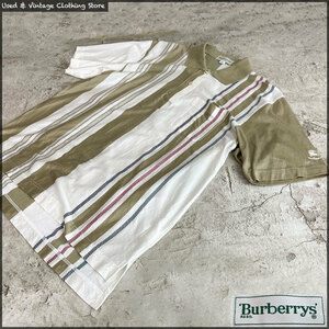 即決★BURBERRYS★メンズM 半袖 ポロシャツ バーバリーズ 三陽商会 日本製 ホース刺繍 ストライプ カットソー 半袖シャツ コットン