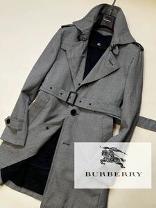 d26【タータンチェック】定価15万●美品BURBERRY BLACK LABEL●高級トレンチコート●本革レザー　バーバリーコート メンズ L