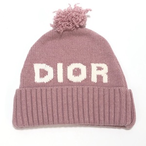 【ITQQT3359QA7】美品 Christian Dior クリスチャンディオール ニット帽 キャップ ピンク ロゴ ボンボン カシミア キッズ 表記サイズ4A