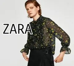 ZARA　スタンドネック　フラワープリントシアーブラウス　ピコフリル