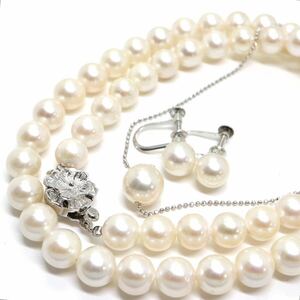 《アコヤ本真珠ネックレス&イヤリング3点セット》J 36.8g 約42cm 約7.0-8.6mm珠 pearl パール necklace ジュエリー jewelry DA5/DC0