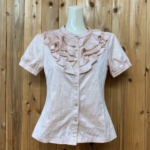 LAURA ASHLEY ＊ ローラアシュレイ ■ 半袖 フリルトップス フリルシャツ 綿100% ベビーピンク 小さいサイズ レディースXS〜S程度