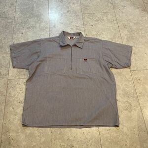 XLサイズ 美品 USA製 ベンデイビス BEN DAVIS ヒッコリーストライプハーフジップ半袖ワークシャツ 90年代ビンテージ 灰×白 プルオーバー
