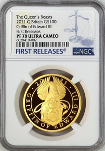 2021年 イギリス クイーンズビースト エドワード3世 グリフィン 100ポンド 1オンス プルーフ金貨 NGC PF70 URTLA CAMEO First Releases