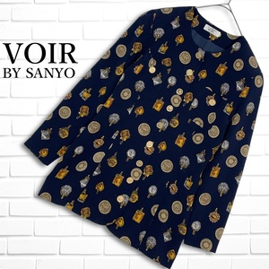 ◆美品◆ VOIR BY SANYO ヴォワール サンヨー レトロ 古着 金ボタン 総柄 ノーカラー ジャケット 紺 ネイビー レディース　1974I