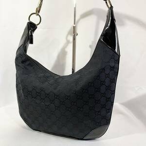 正規品 GUCCI グッチ ワンショルダーバッグ ハンドバッグ GGキャンバス エナメル レザー 革 黒 ブラック 鞄 かばん ゴールド金具 肩掛け