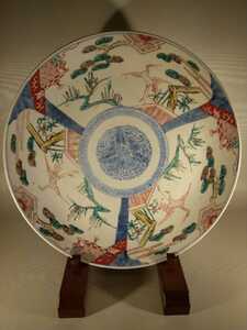 古伊万里 染付 色絵 松竹に鶴図 42cm 大皿 a-大06d226