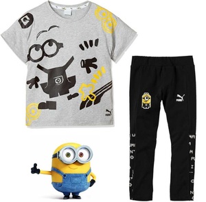 プーマ ミニオンズ コラボ キッズ 半袖Tシャツ＆ロングタイツ 104 グレー ブラック Minions 子供 ジュニア 女の子用 上下セット 送料370円