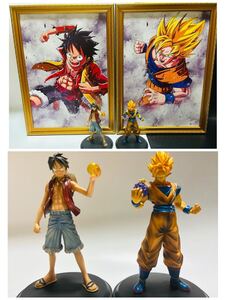 ドラゴンボール、孫悟飯、ワンピース、ルフィ、コラボ、フィギュア、キャンパスポスター、額縁(金ケシ) 、アイテム番号J-14