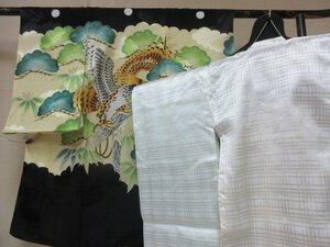 1円 良品 正絹 子供着物 男児用 産着 襦袢セット 七五三 和服 黒 アンティーク 鷹 松 笹 カッコいい 袷 身丈98cm【夢職】★★★