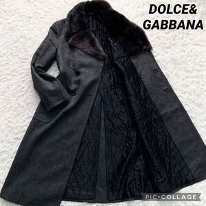 極美品 L ビーバーファー● ドルチェ&ガッバーナ DOLCE&GABBANA チェスターコート 毛皮 ヘリンボーン カシミヤ ウール ドルガバ メンズ 48