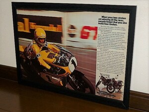 1975年 USA 70s vintage 洋書雑誌広告 額装品 Yamaha XS650 XS500 ヤマハ Kenny Roberts ケニー・ロバーツ / 検索 ガレージ 店舗 看板 (A3)