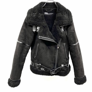 ザラ ZARA フェイクムートン ライダースジャケット 長袖 無地 裏ボア ダブルブレスト アウター ポリ100% XS ブラック 黒 レディース