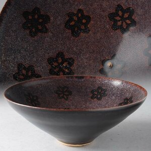 JM041 中国美術 宋代 吉州窯 梅花天目茶碗・剪紙梅花斗笠碗 径15.5cm 重220g 木箱附・剪紙梅花茶盞 中国古玩