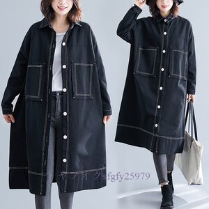 R166新品～大きいサイズ*ゆったり*体型*カバー*デニムスプリングコートワンピース M~2XL