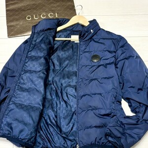 未使用級/Lサイズ★ GUCCI グッチ 裏地GG総柄 ダウンジャケット ブルゾン ヒステリア レザーロゴ 収納フード 現行タグ 近年モデル ネイビー