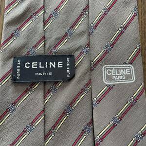 CELINE(セリーヌ) ブラウン赤黄色ストライプマカダム柄ネクタイ